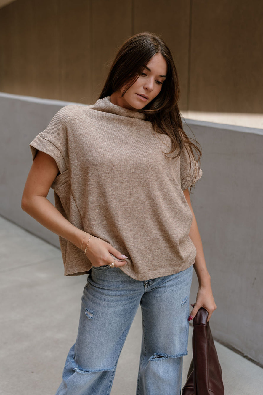 Angelina Taupe Mock Neck Top - front view (untucked)