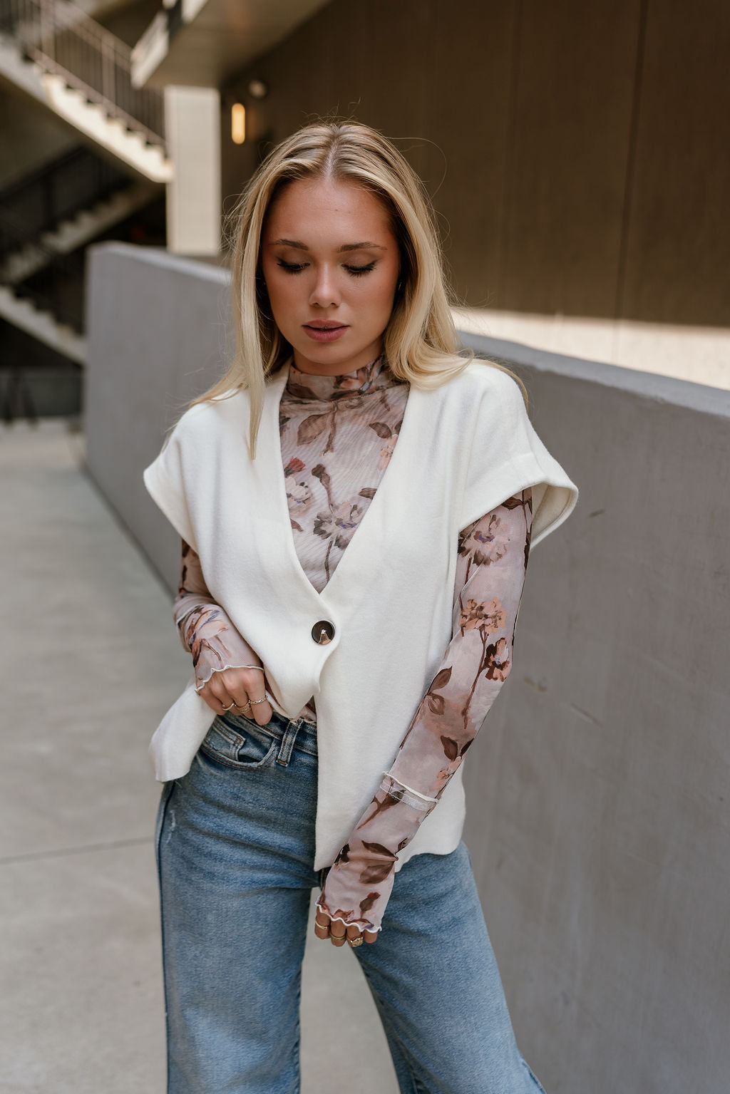 Bethany Cream Sleeveless Split Hem Cardigan - front view