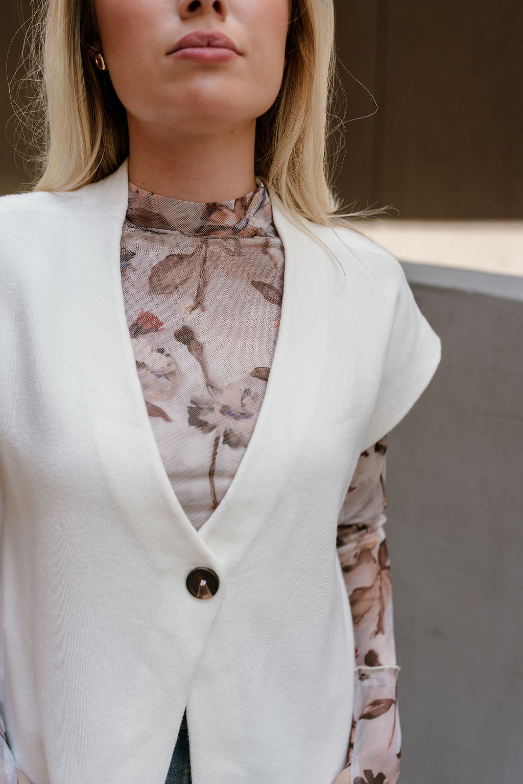 Bethany Cream Sleeveless Split Hem Cardigan - close up front view