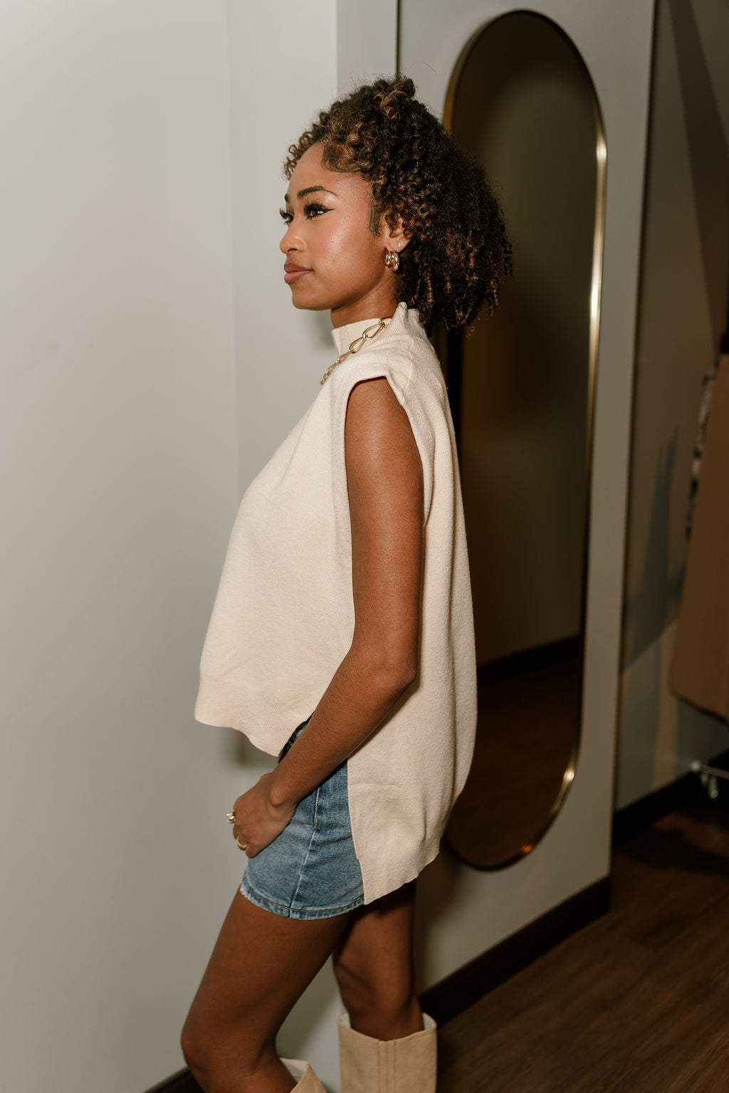 Helena Oatmeal Knit Sleeveless Top - side view