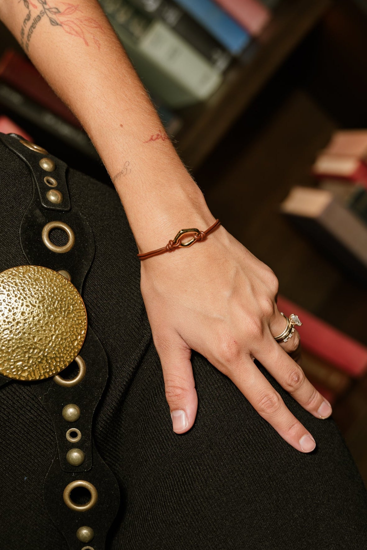 Leah Gold Medallion Bracelet - close up on model's wrist
