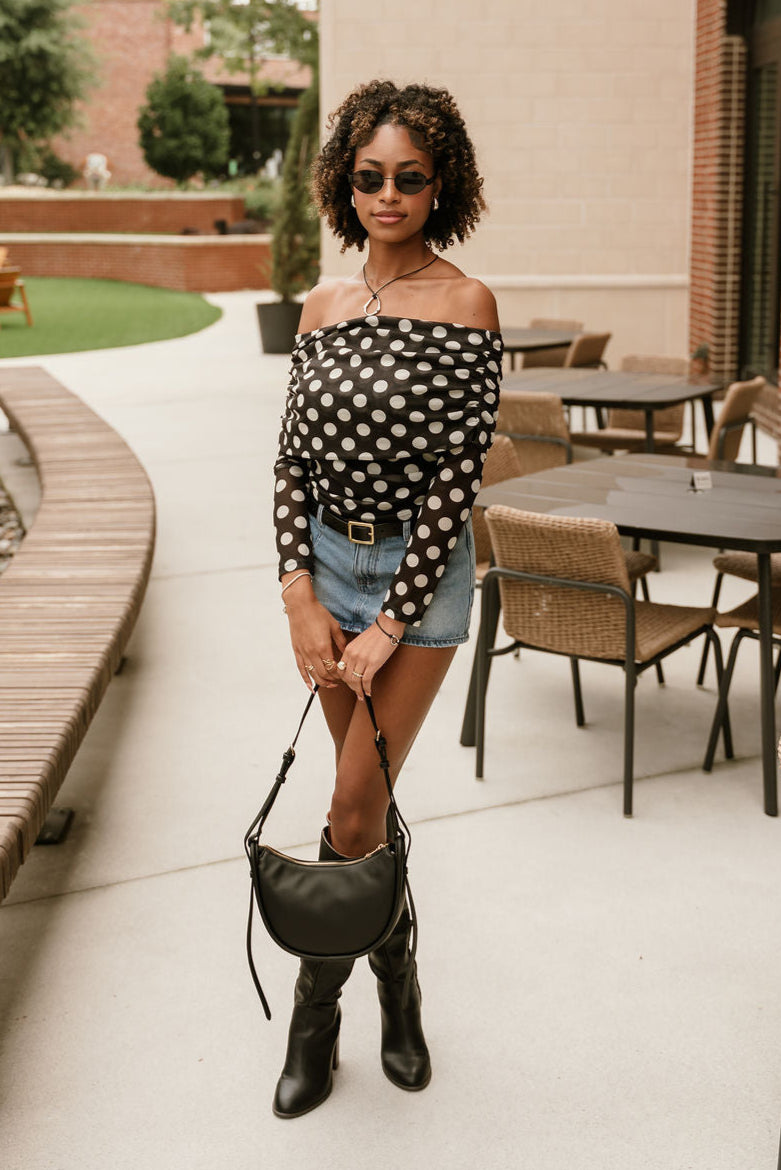 Candice Black Polka Dot Off-The-Shoulder Mesh Top- full body front view