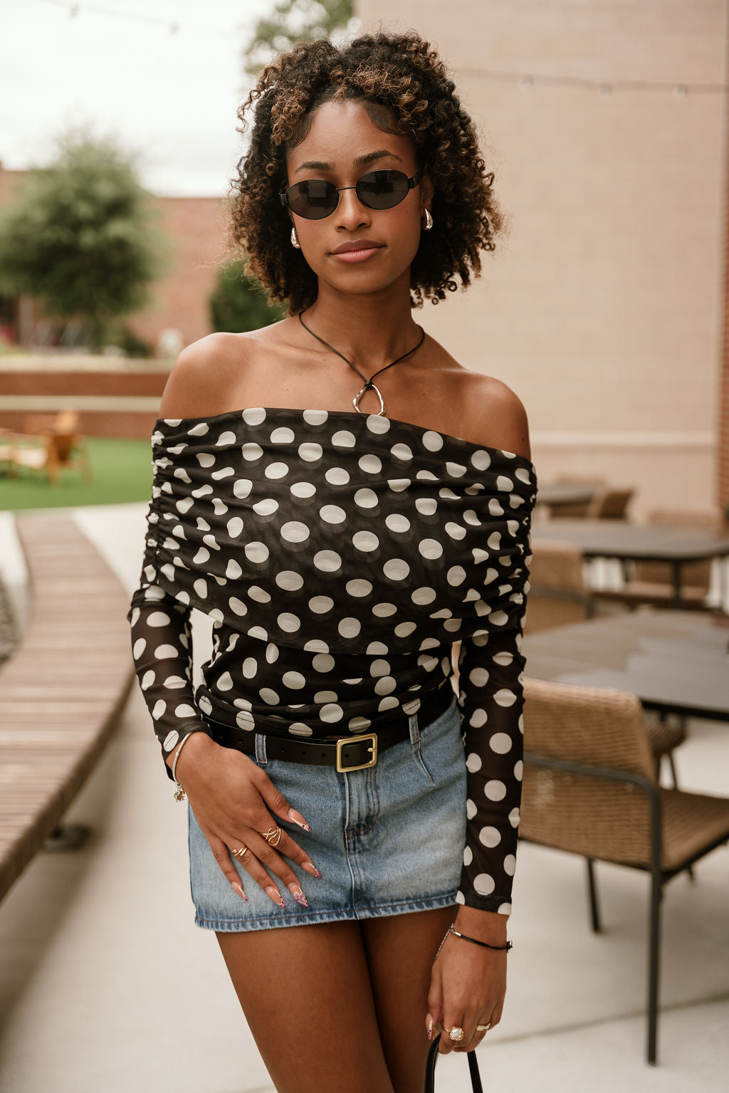 Candice Black Polka Dot Off-The-Shoulder Mesh Top- front view
