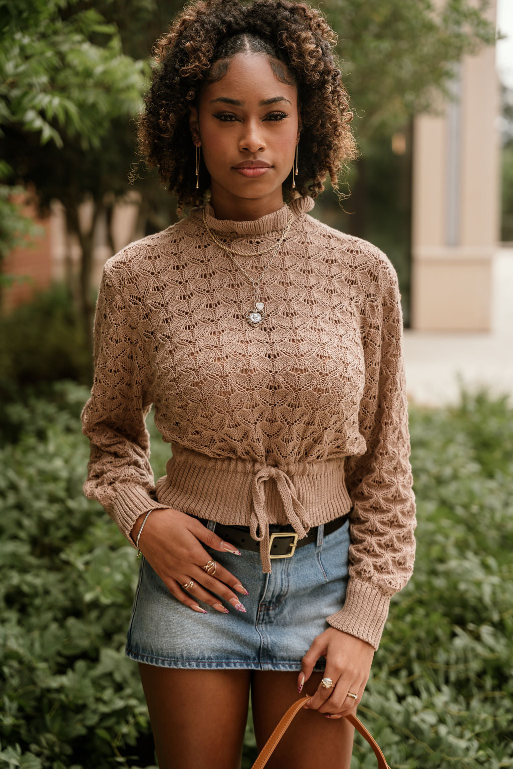 String Sweater Freya Brown Knit Drawstring Sweater - Lizard Thicket