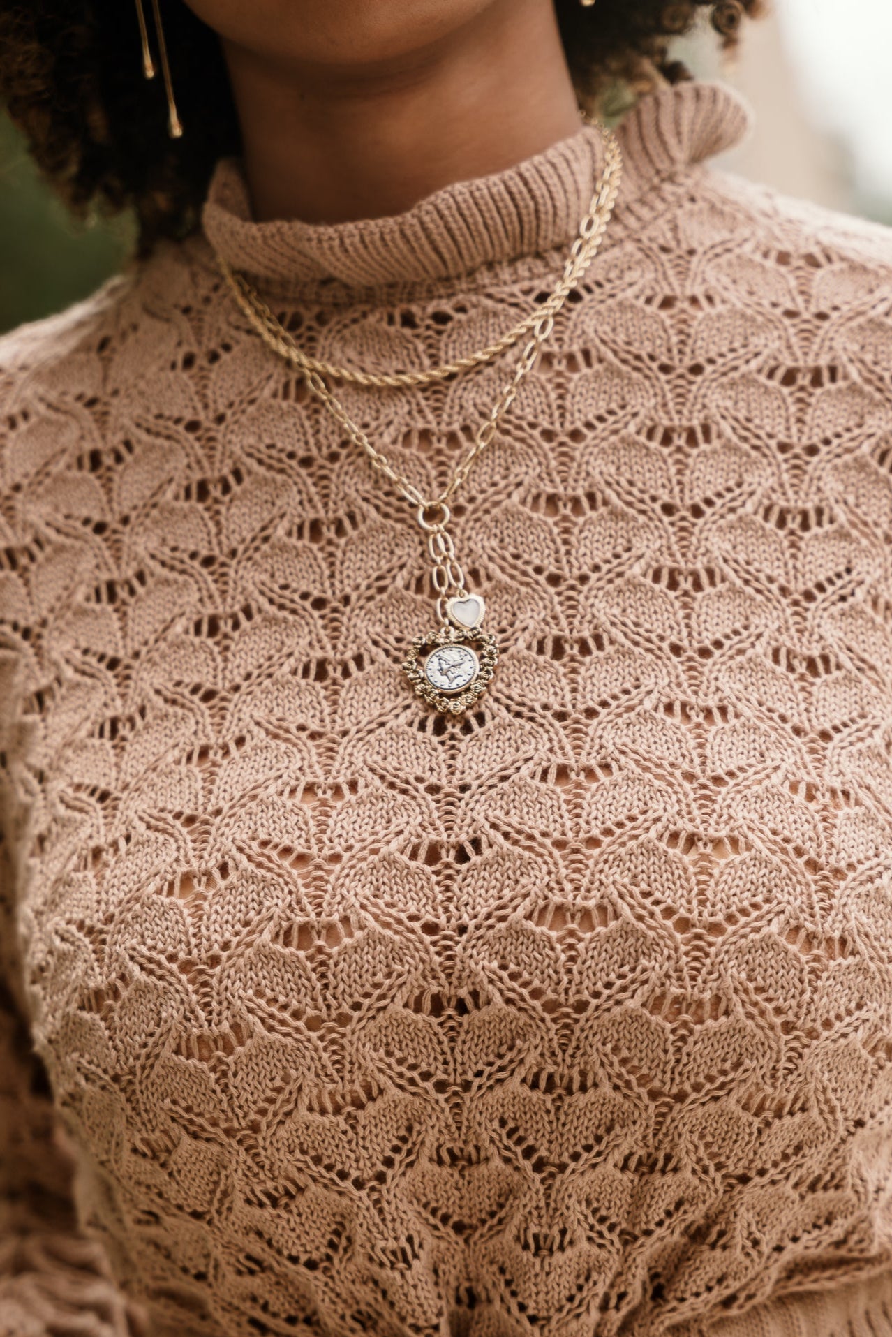 Mira Gold Roped Heart & Coin Medallion Necklace - front view