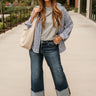 Kyla Blue Striped Long Sleeve Button-Up Top -full body front view