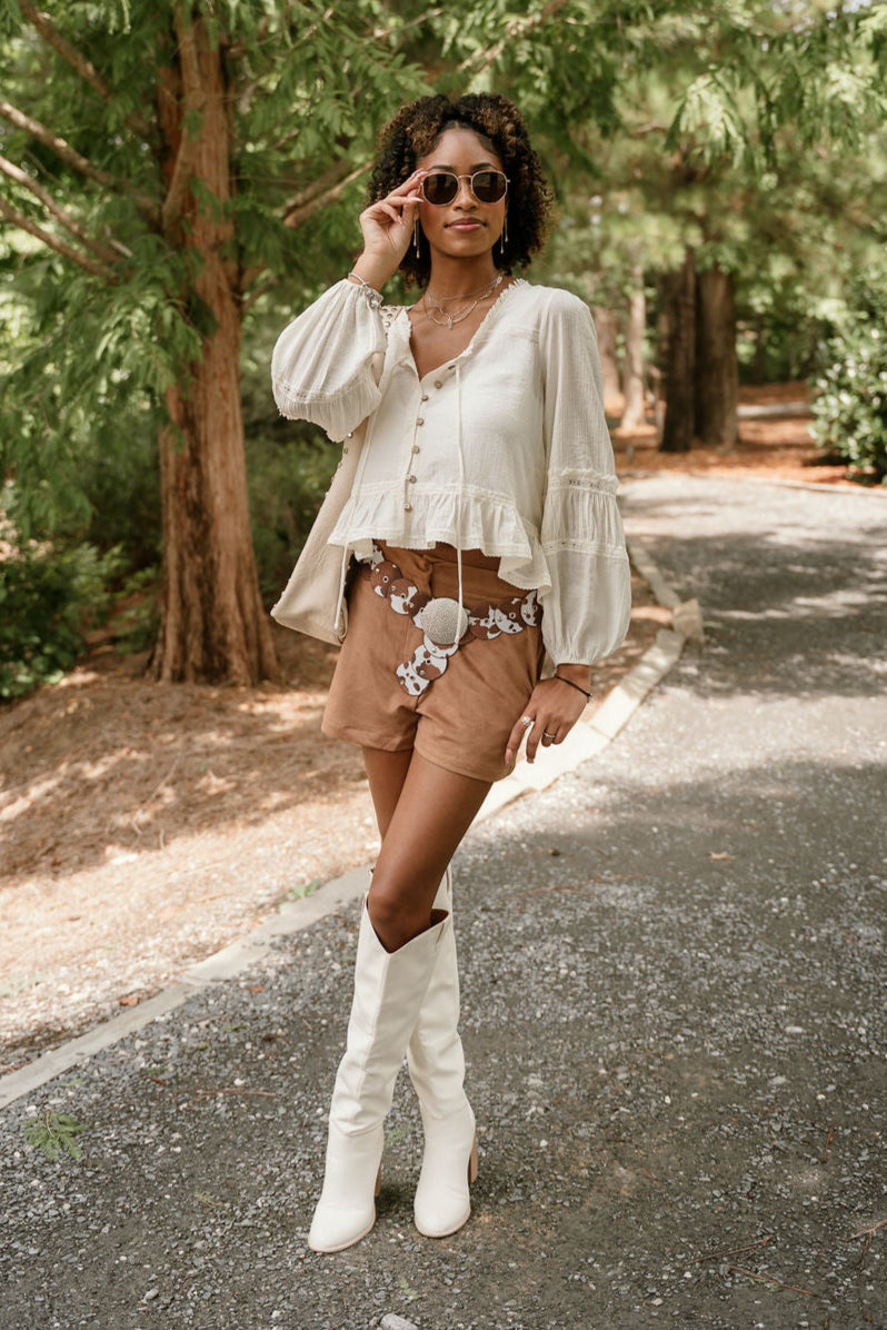 Joan Cream Ruffle Long Sleeve Top - full front view