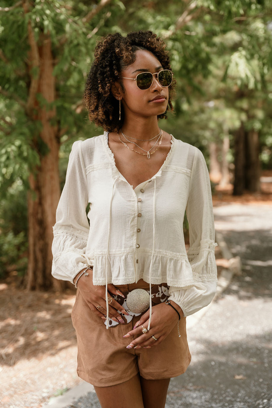Joan Cream Ruffle Long Sleeve Top - front view