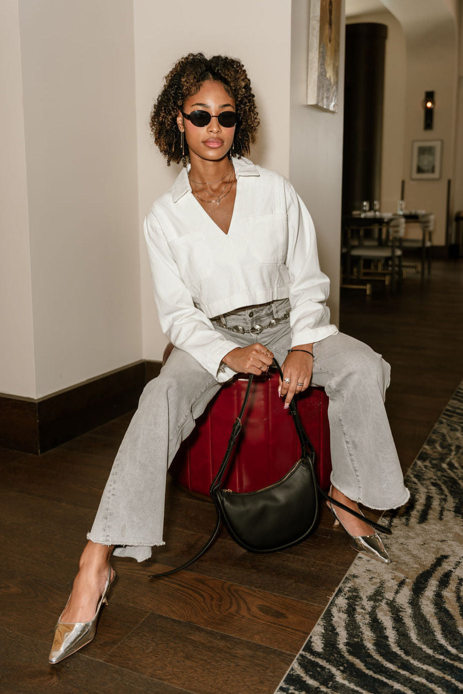 Norah White Denim Long Sleeve Top- full body view