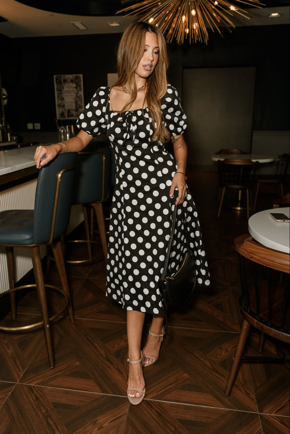 Virginia Black & White Polka Dot Midi Dress - full body front view
