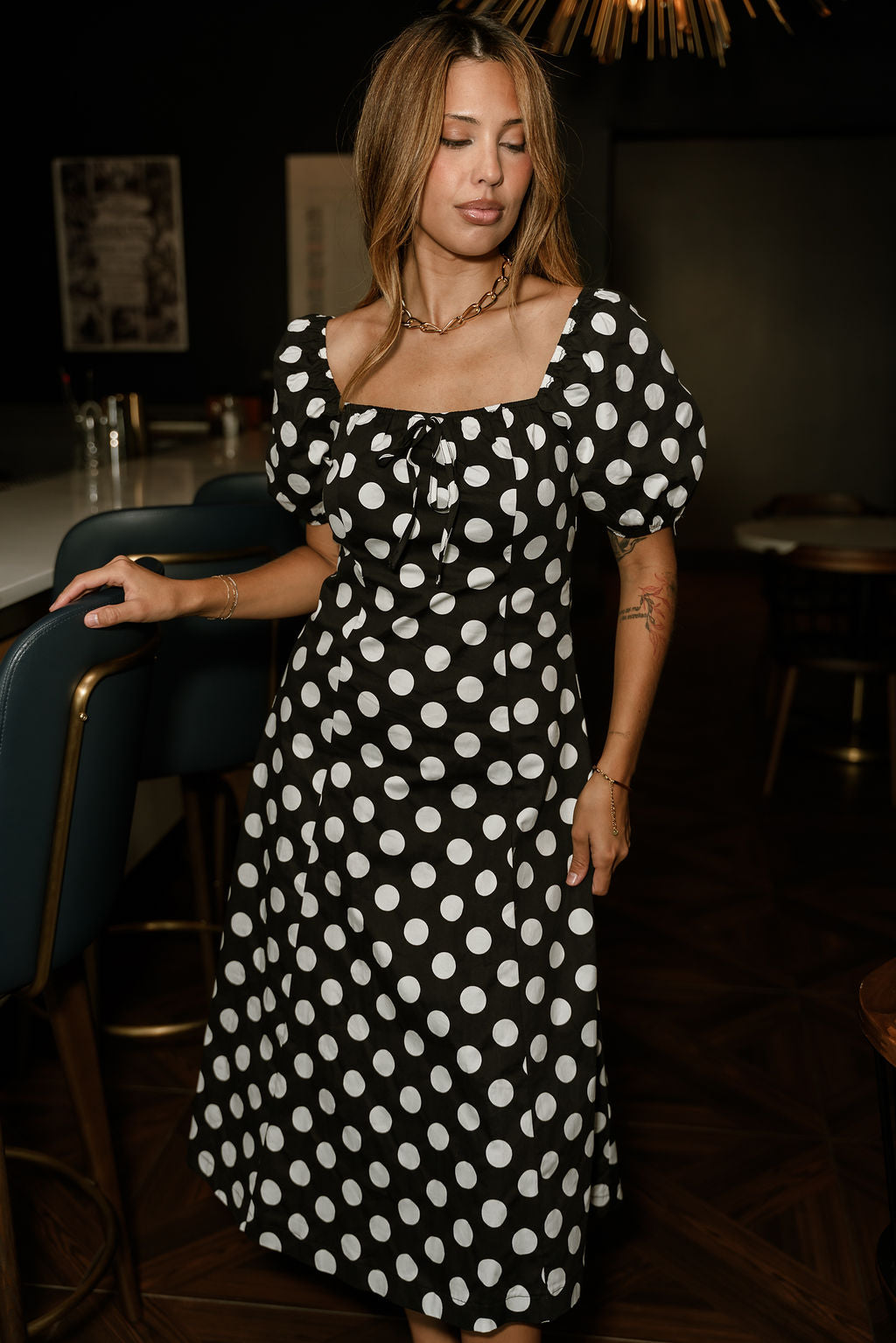 Virginia Black & White Polka Dot Midi Dress - front view
