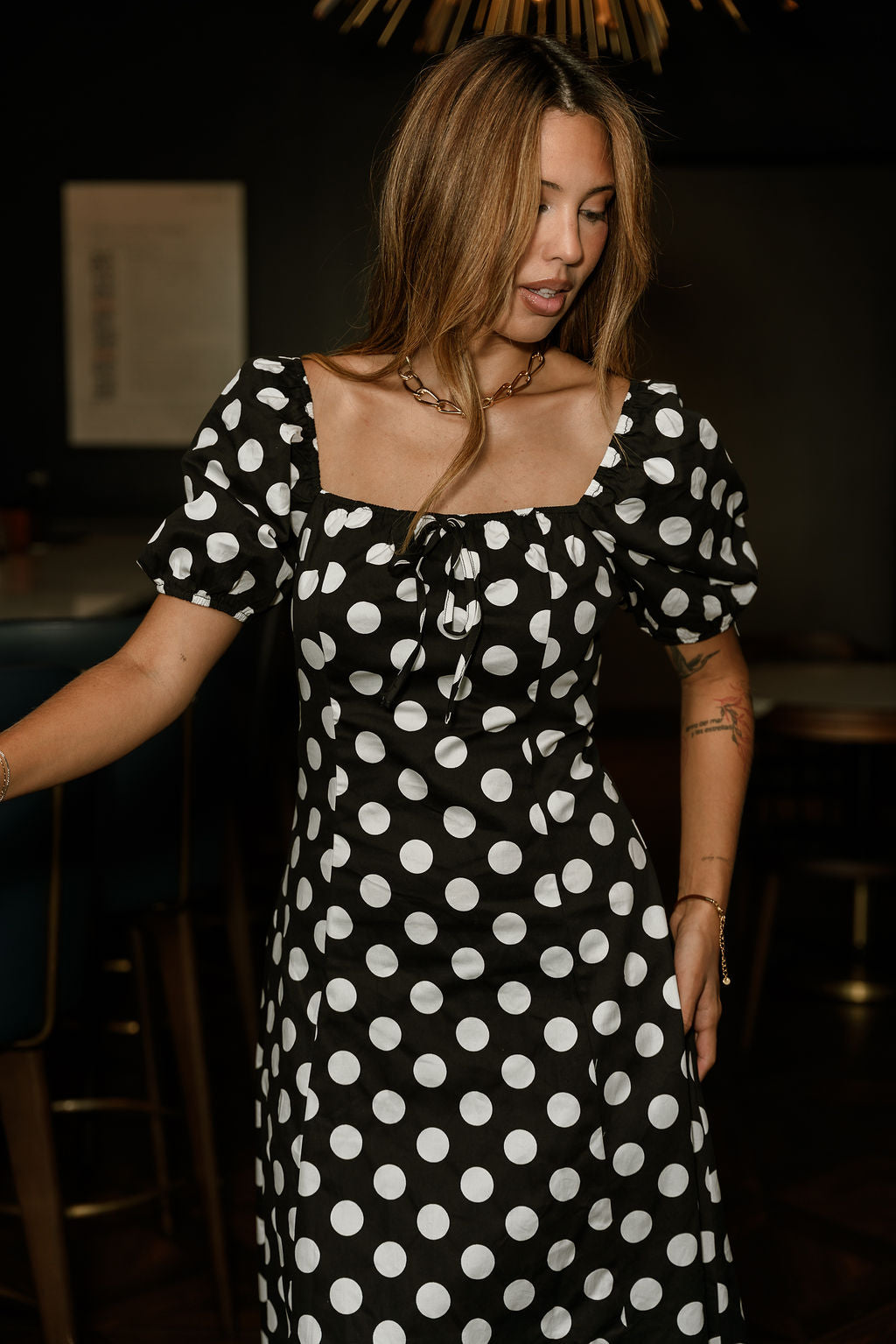 Virginia Black & White Polka Dot Midi Dress - upper body front view