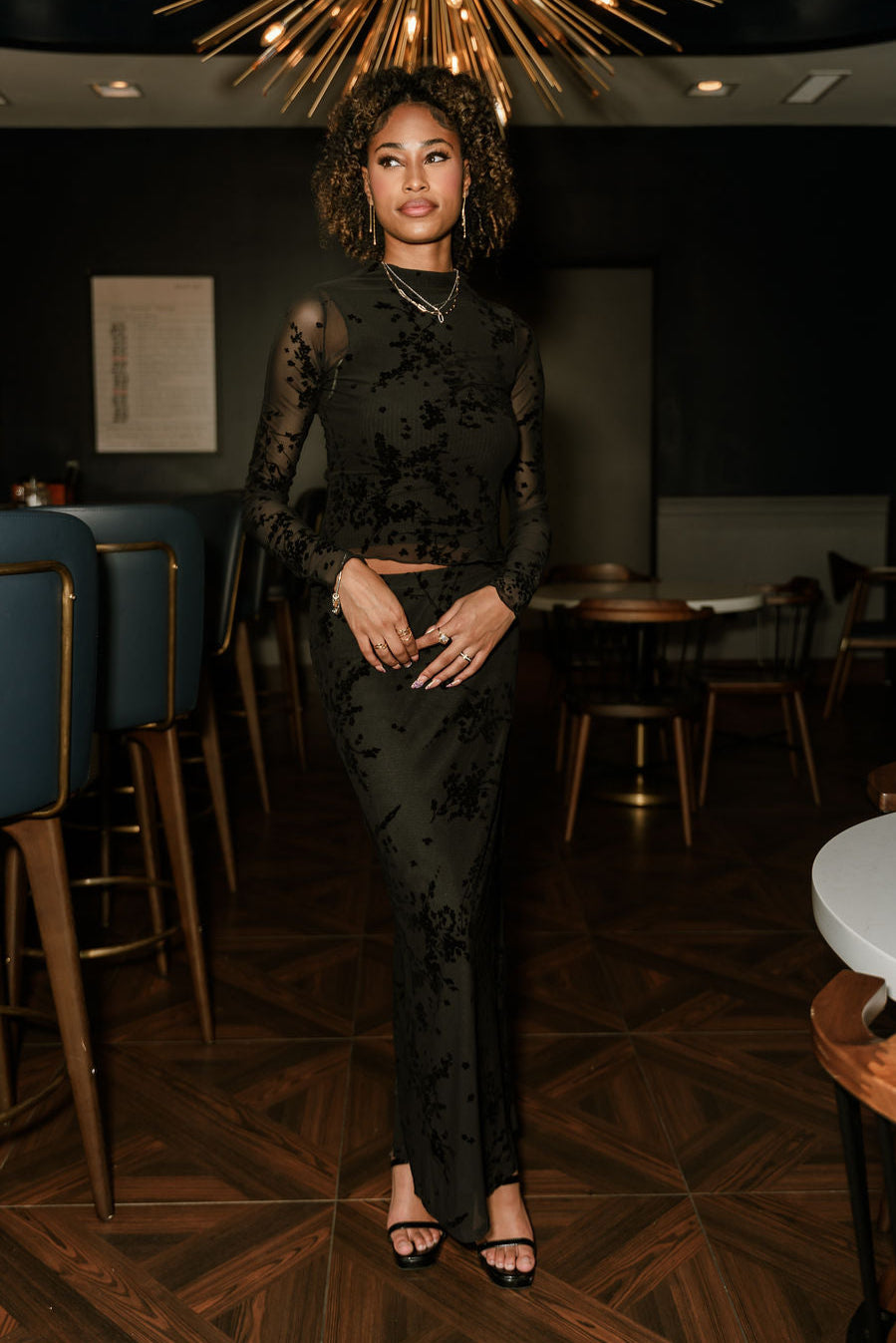 Roxanna Black Floral Mesh Midi Skirt - Full body front view