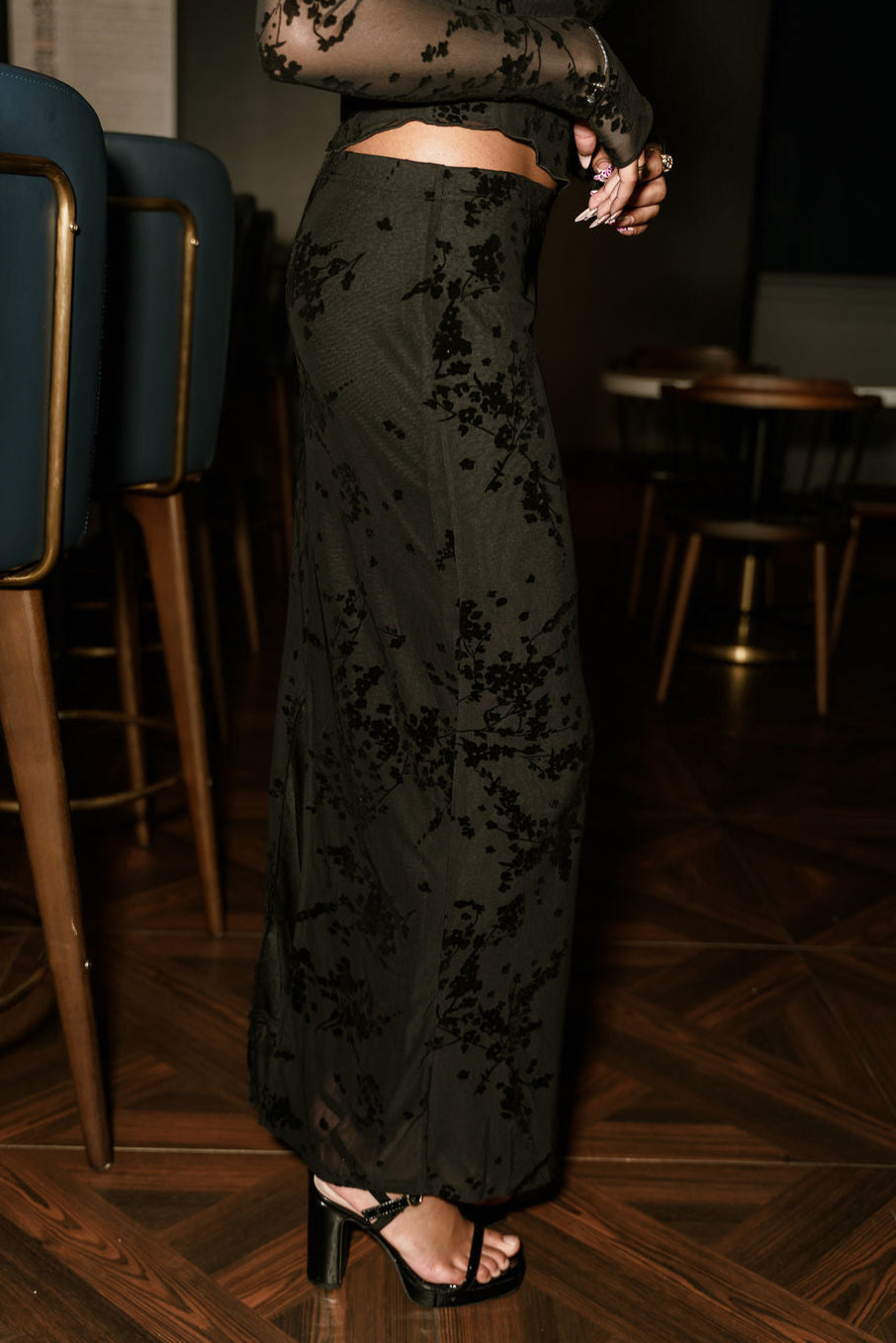 Roxanna Black Floral Mesh Midi Skirt -side view