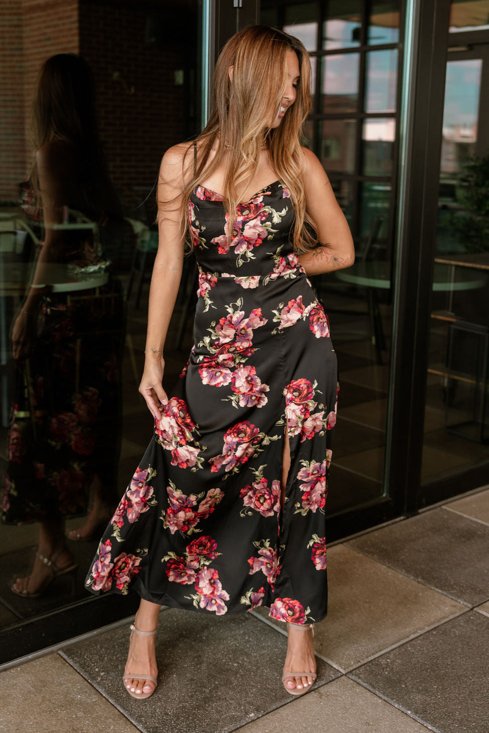 Scarlet Black Multi Floral Satin Midi Dress- front full view