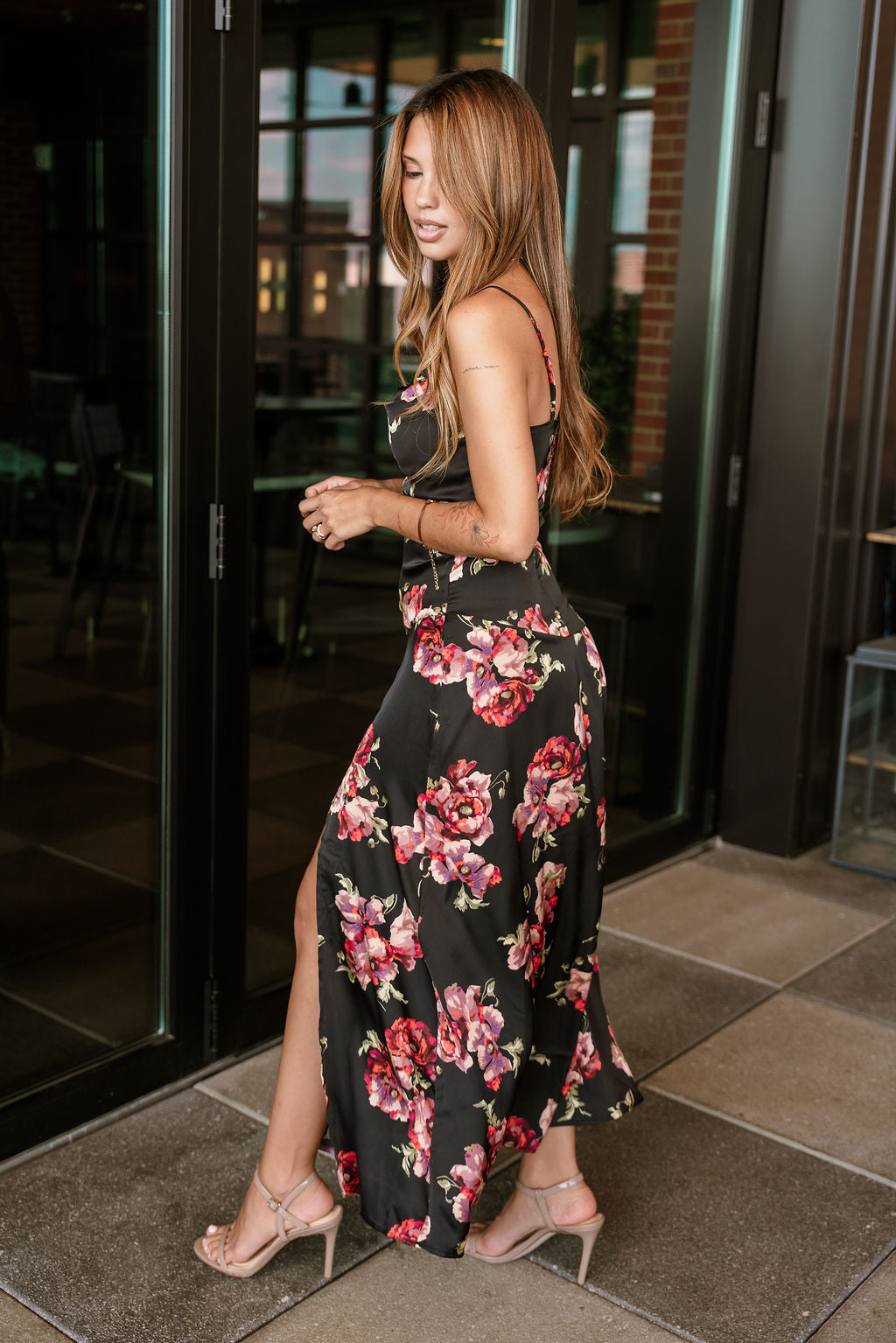 Scarlet Black Multi Floral Satin Midi Dress- side view