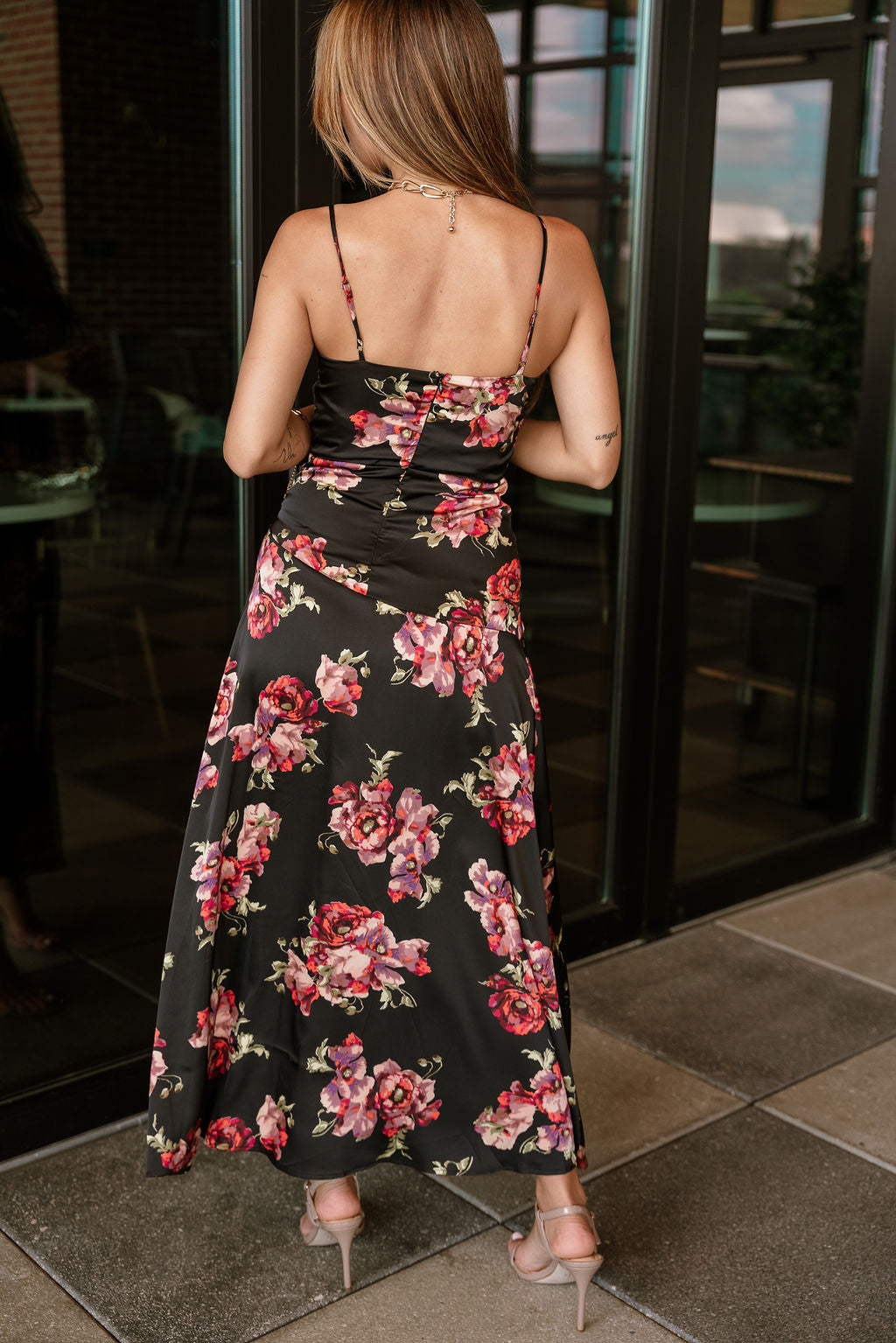 Scarlet Black Multi Floral Satin Midi Dress- full back view