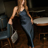 Sawyer Navy Blue Satin Midi Dress- full body view