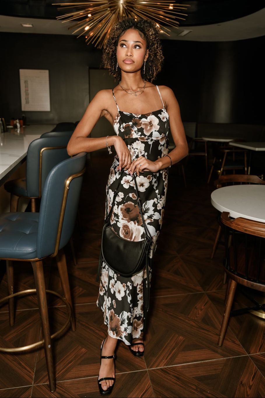 Alaina Black & Brown Floral Satin Midi Dress- front full body view