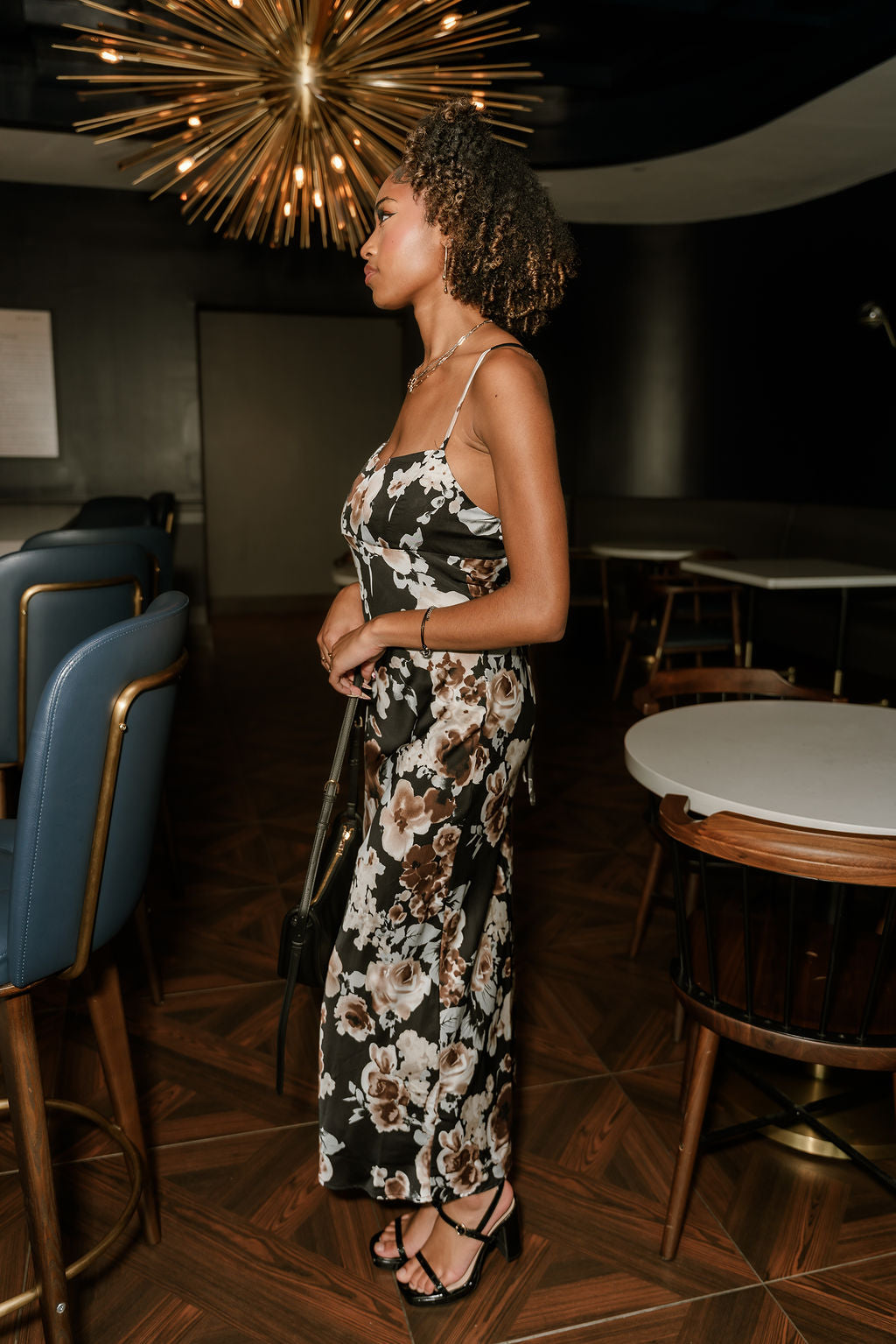 Alaina Black & Brown Floral Satin Midi Dress- full body side view
