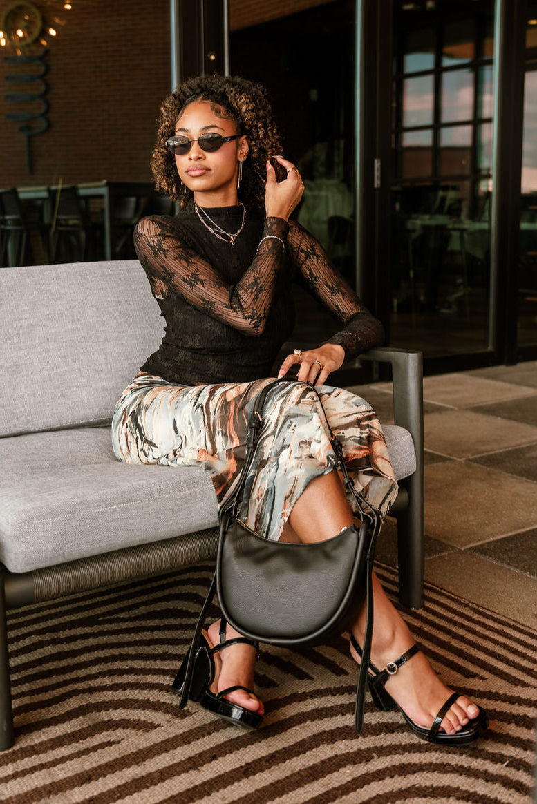 Mischa Black Floral & Stripe Mesh Top - sitting view