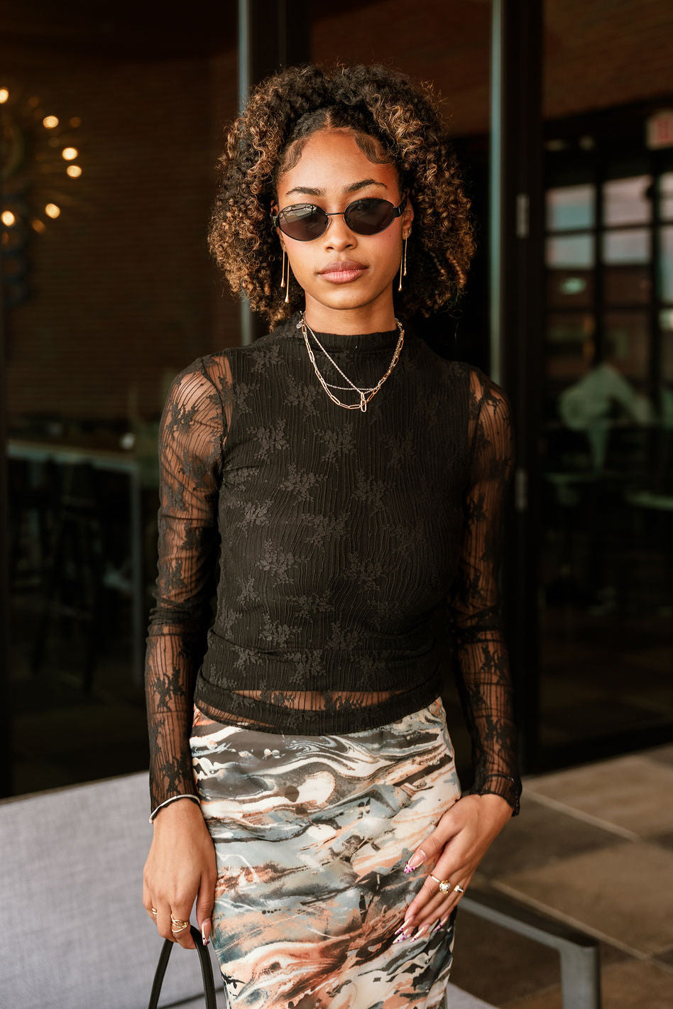 Mischa Black Floral & Stripe Mesh Top - close front view