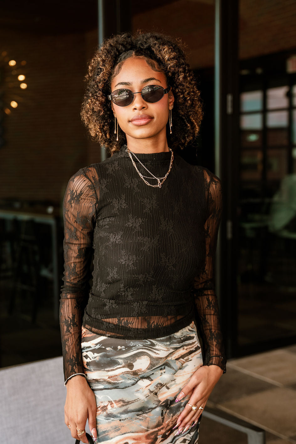 Mischa Black Floral & Stripe Mesh Top - front view