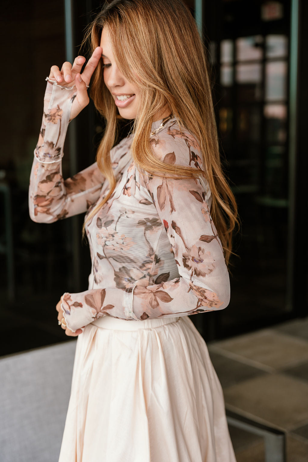 Sasha Cream Multi Floral Mesh Top- close up side view