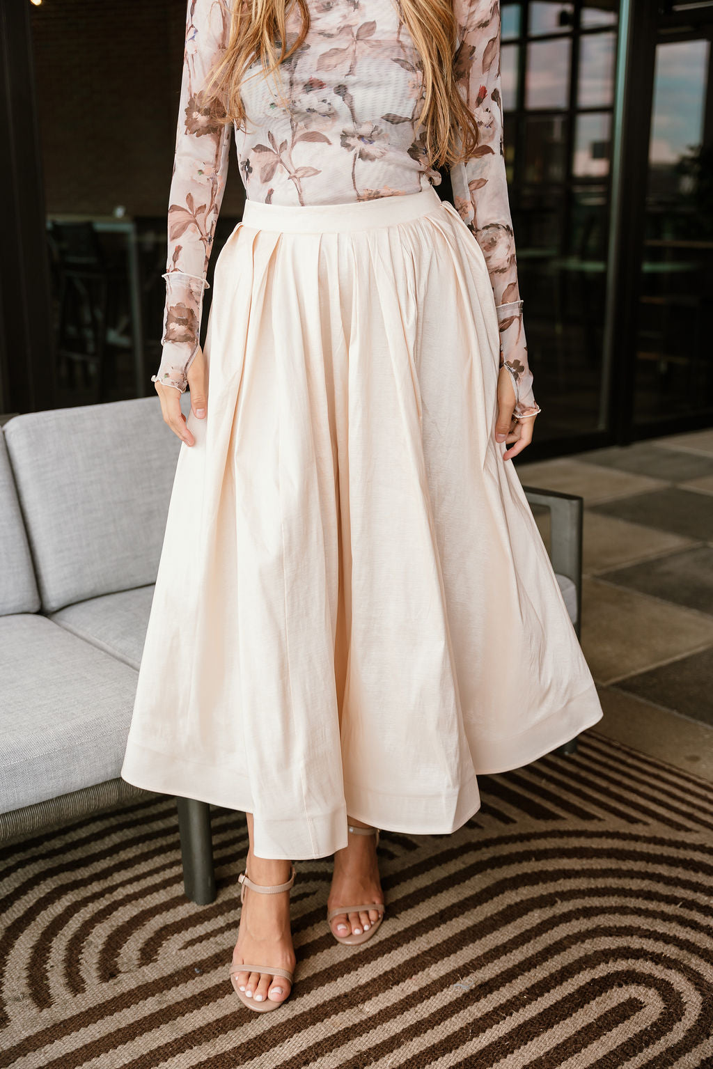 Kyra Cream Flare Midi Skirt- front view
