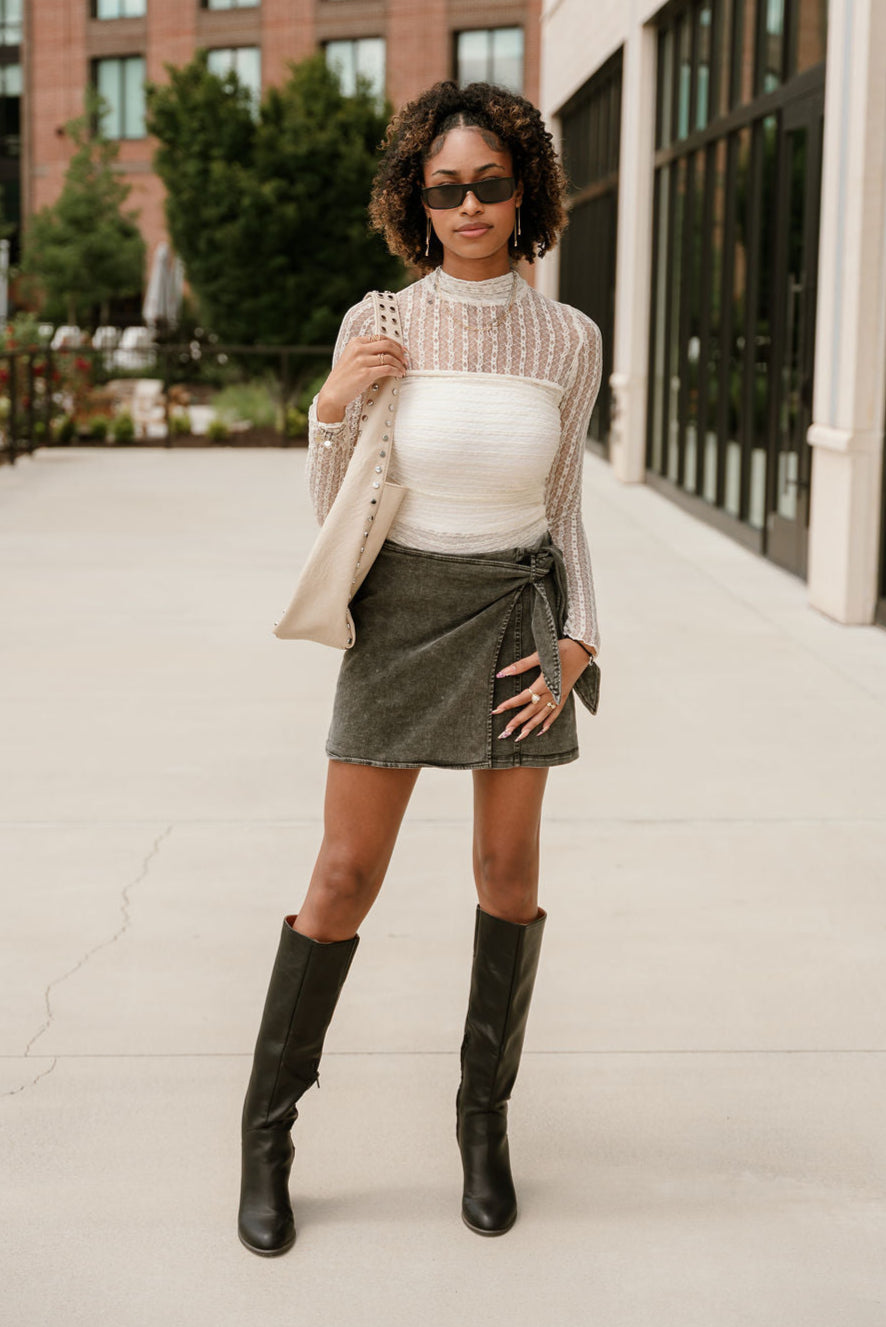 Margo Cream Lace Ruched Bodysuit- full body view