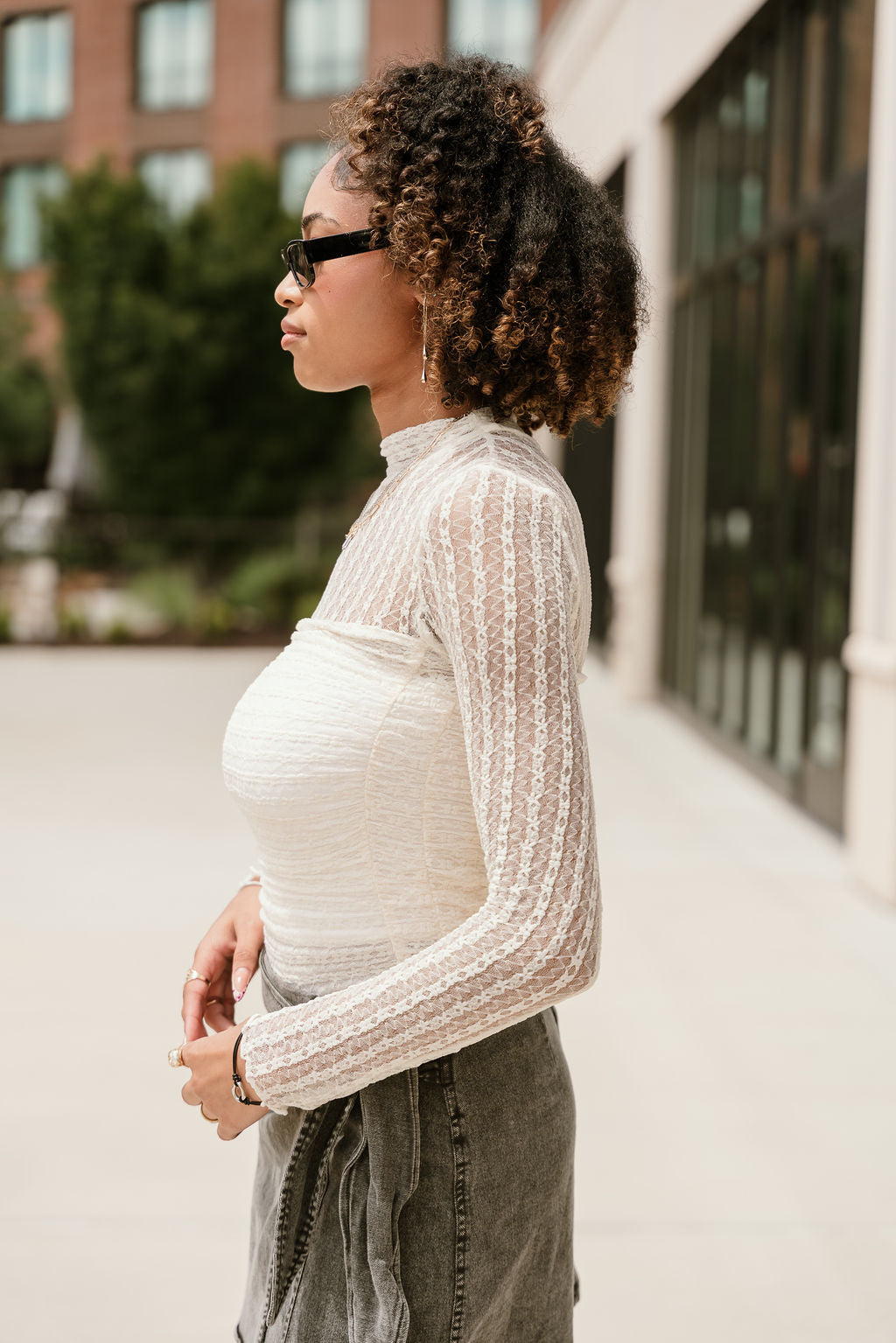 Margo Cream Lace Ruched Bodysuit- side view