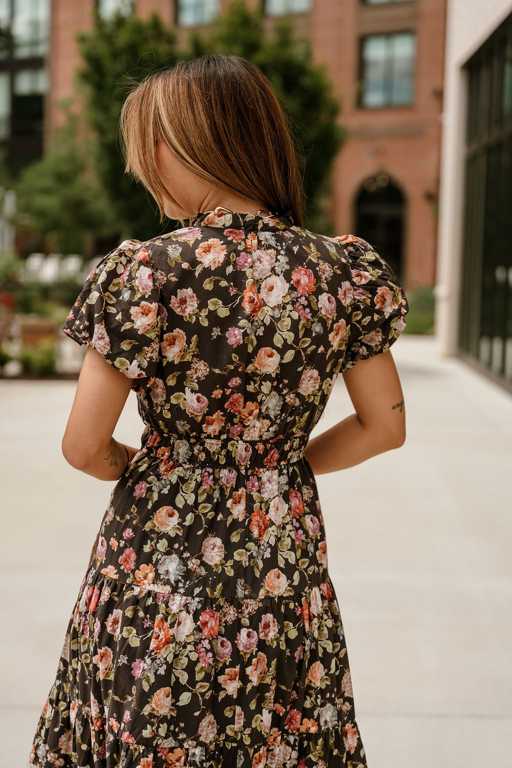 Emelia Brown Multi Floral Maxi Dress- close up top back view