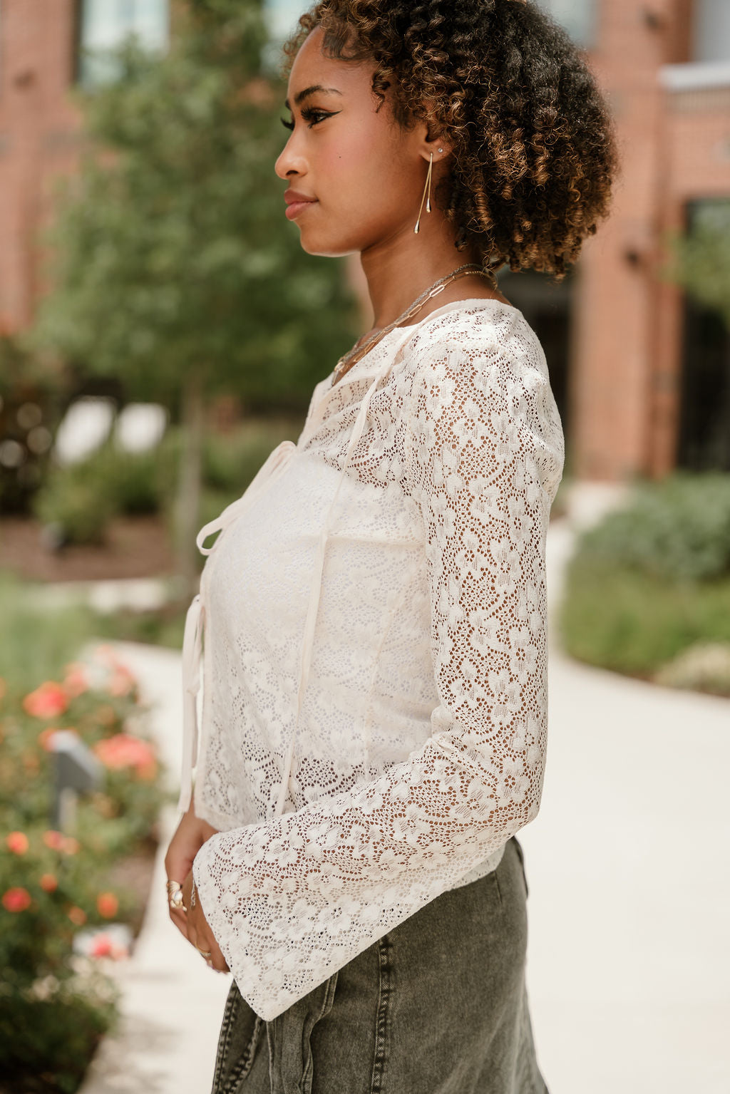 Leona Cream Lace Front Ties Cardigan- close up side view