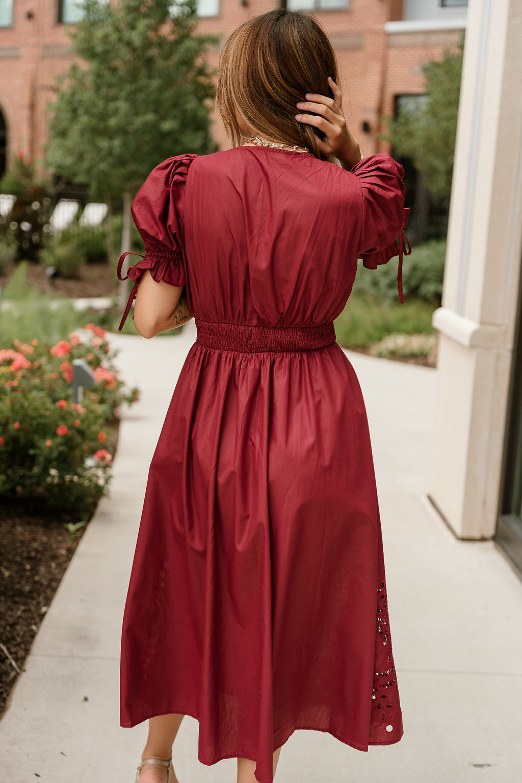 Estella Deep Rust Eyelet Zip-Up Midi Dress- back view