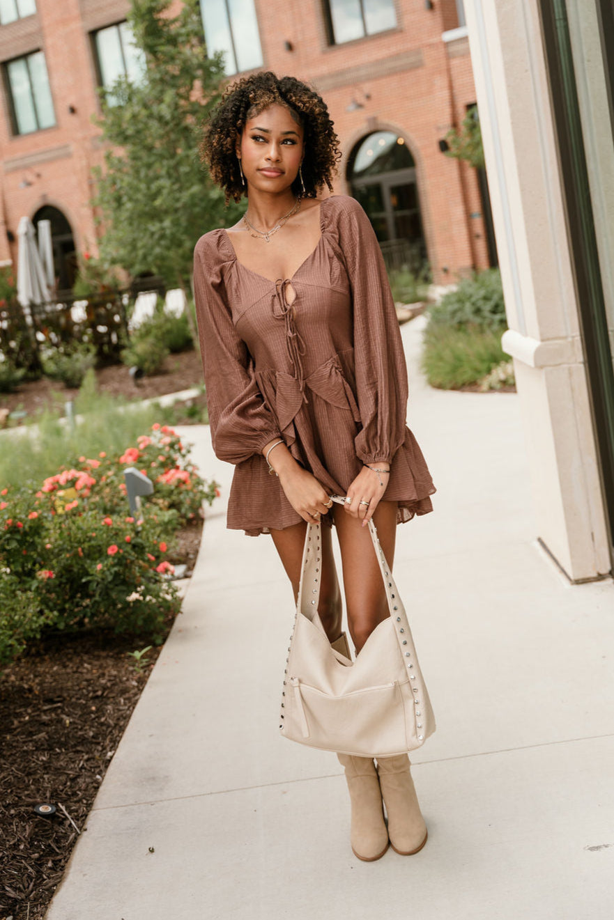 Jordan Mocha Brown Long Sleeve Romper- full body view