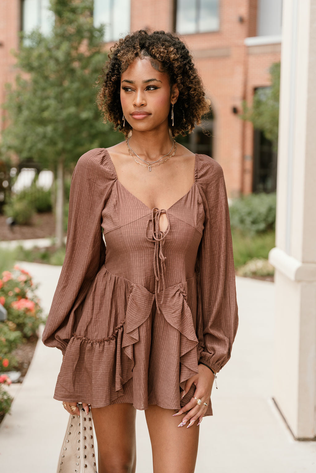 Jordan Mocha Brown Long Sleeve Romper- frontal top view