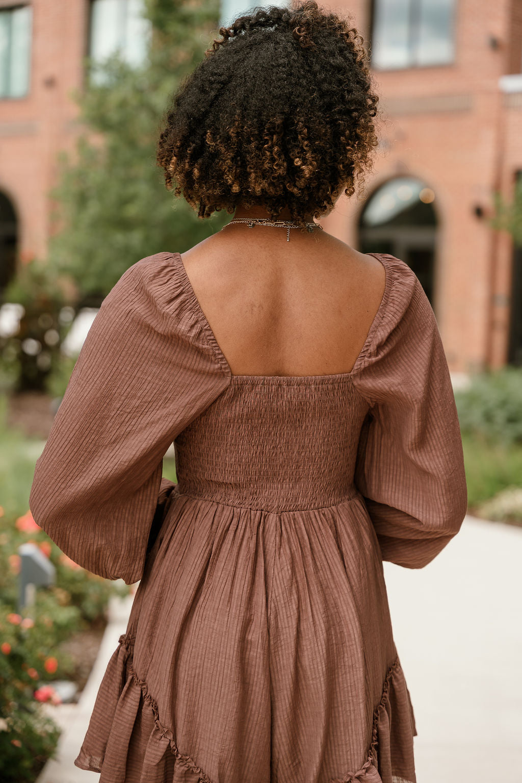 Jordan Mocha Brown Long Sleeve Romper- close up back view