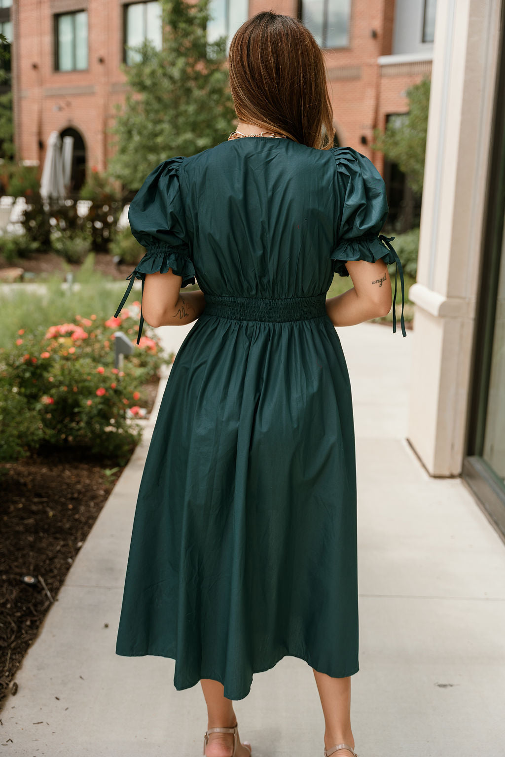 Estella Teal Eyelet Zip-Up Midi Dress- back view