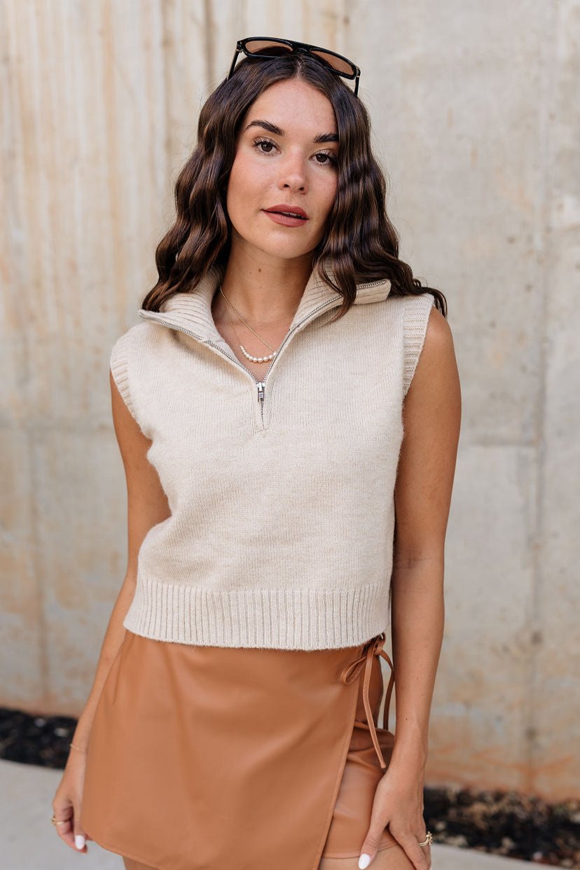 Lexi Beige Quarter-Zip Sleeveless Sweater - Front view