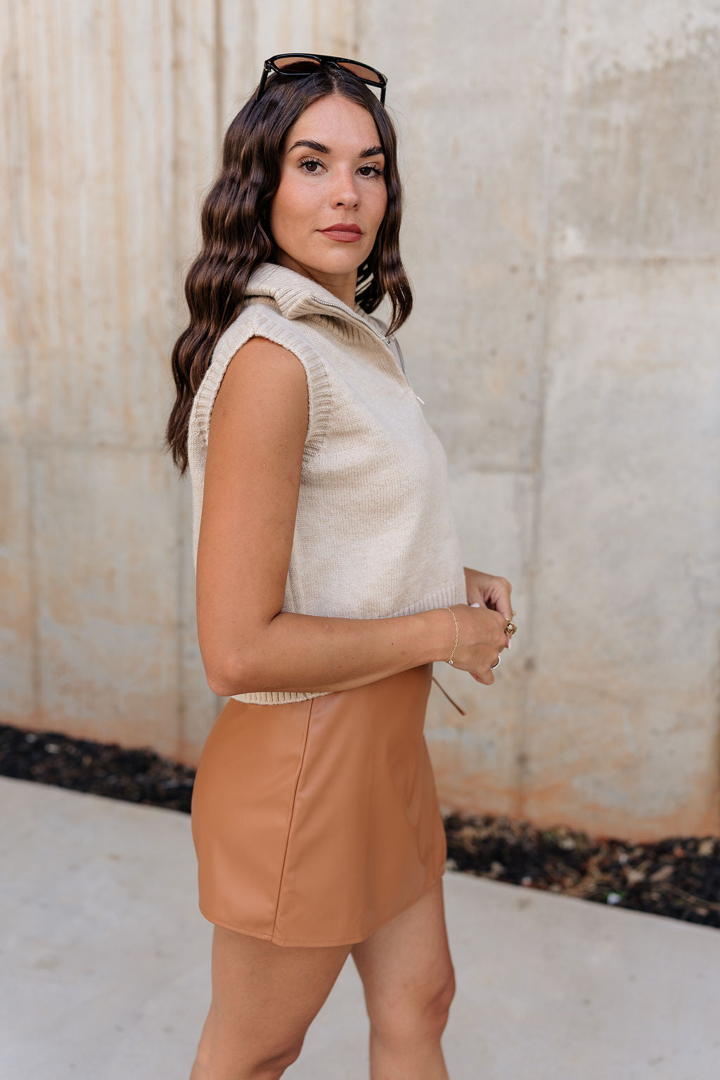 Lexi Beige Quarter-Zip Sleeveless Sweater - Side view