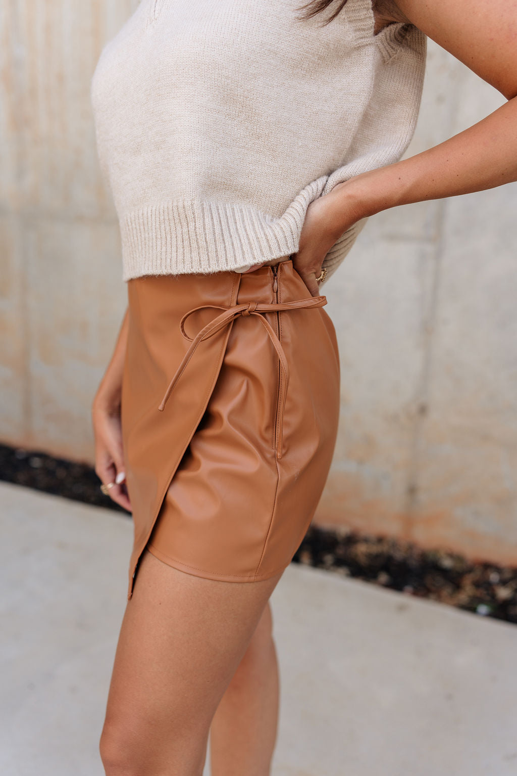 Jocelyn Faux Leather Skort - Camel - side view