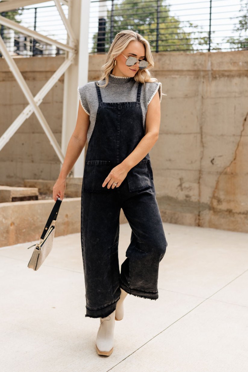 Maren Black Denim Overall Jumpsuit Lizard Thicket