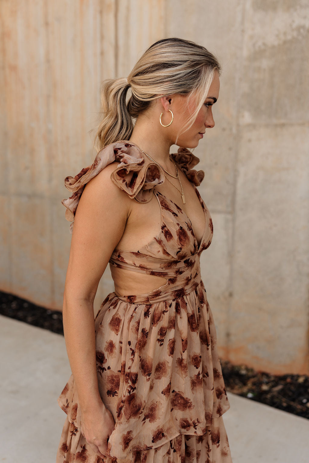 Seraphina Brown Floral Ruffle Maxi Dress - Lizard Thicket Seraphina Brown Floral Ruffle Maxi Dress - Lizard Thicket