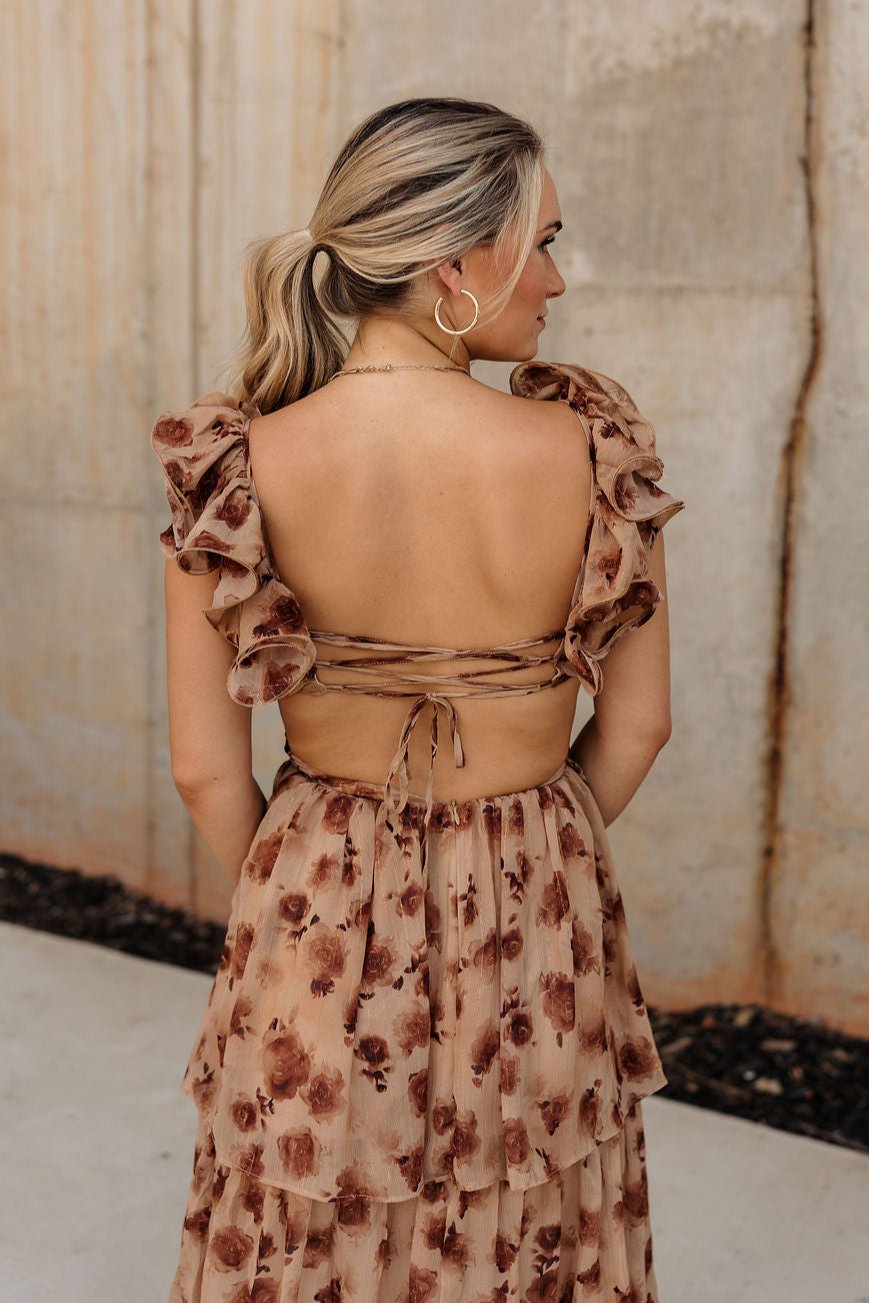 Seraphina Brown Floral Ruffle Maxi Dress - Lizard Thicket Seraphina Brown Floral Ruffle Maxi Dress - Lizard Thicket