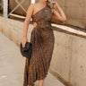 Liana Cheetah Pleated Satin Asymmetric Dress - Full body front view