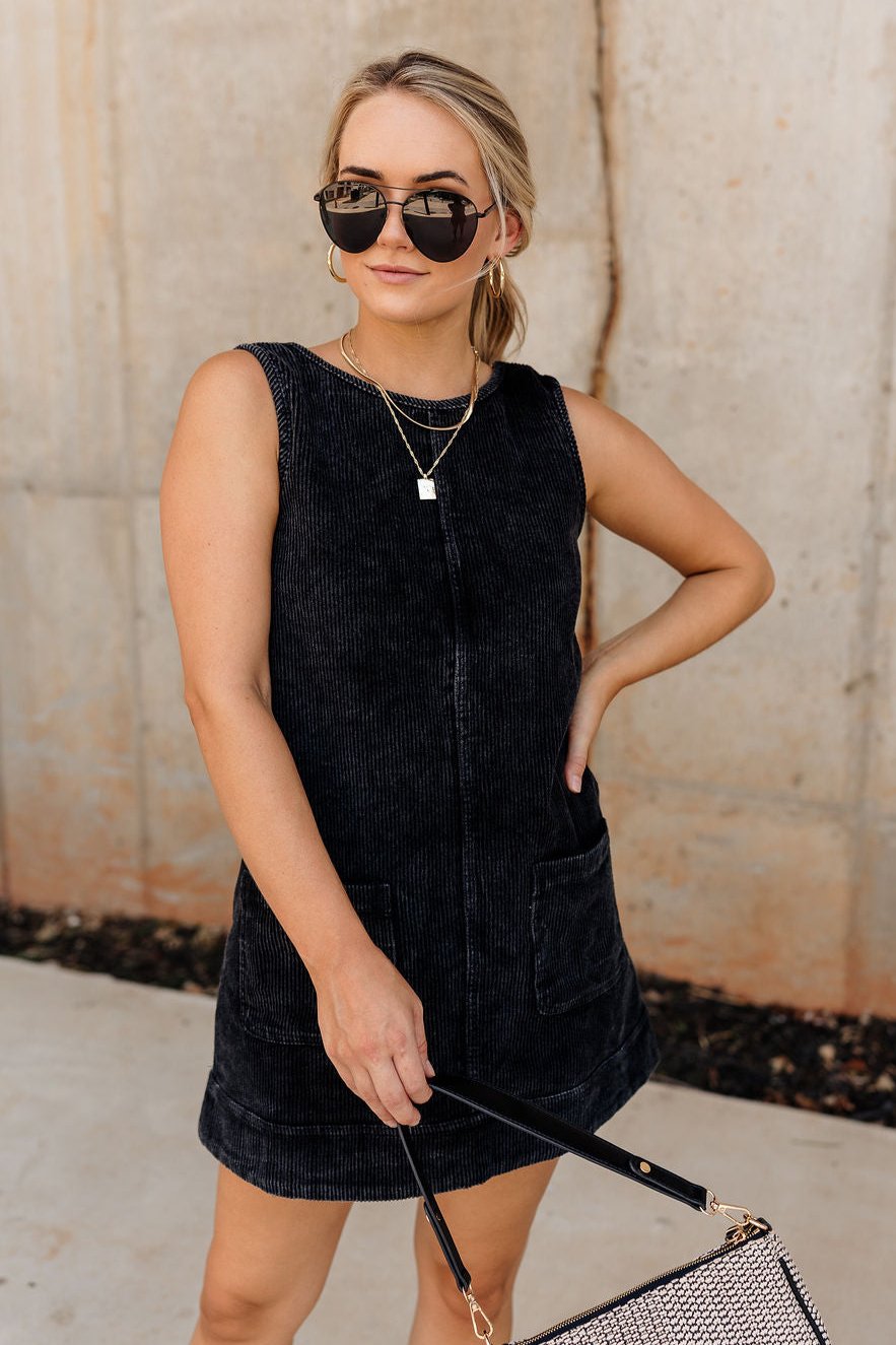 Emily Black Corduroy Mini Dress - Lizard Thicket Emily Black Corduroy Mini Dress - Lizard Thicket