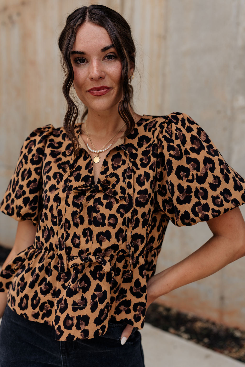 Mia Leopard Puff Sleeve Top - Close front view