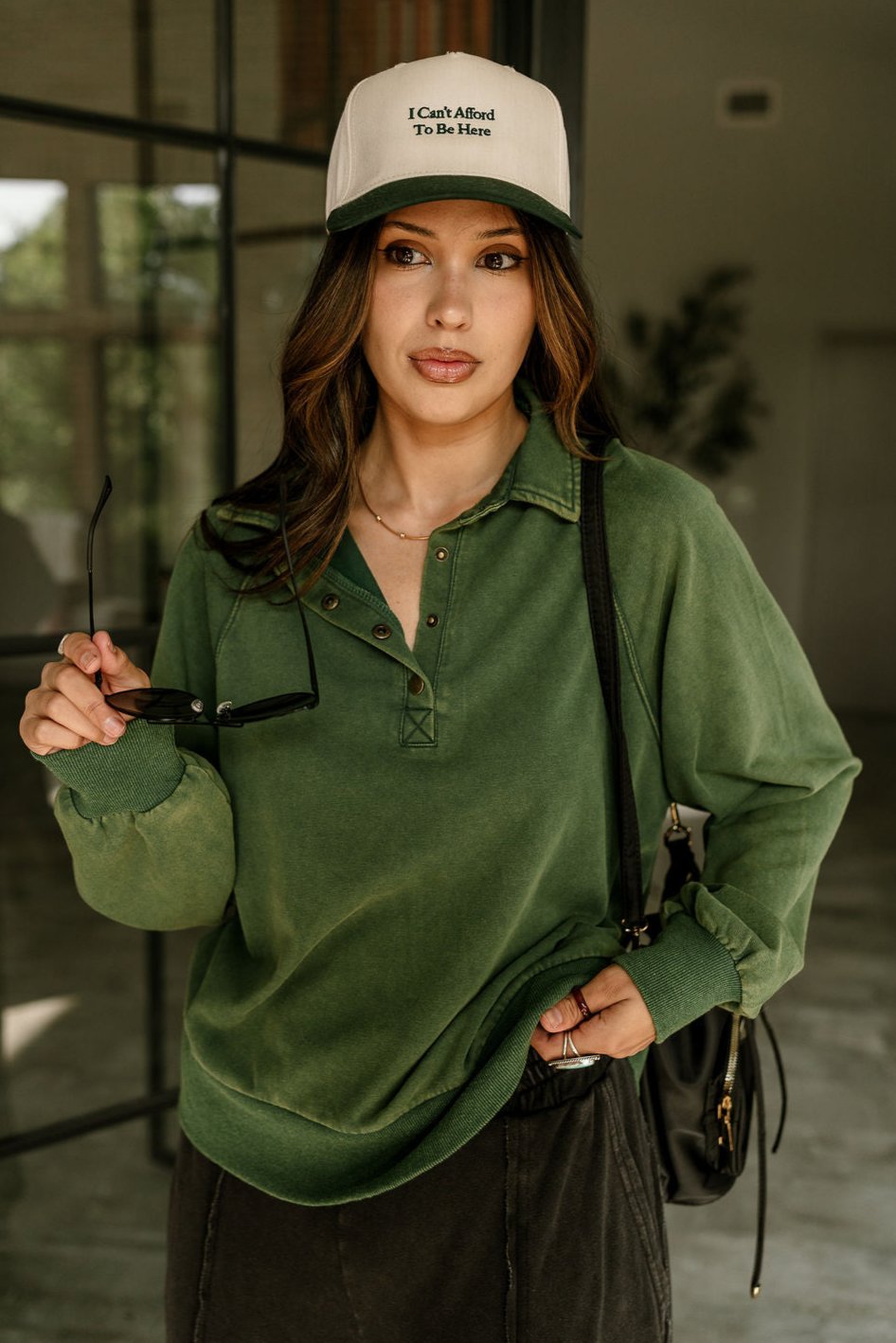 Margot Quarter Button Up Sweatshirt-hunter green-front view