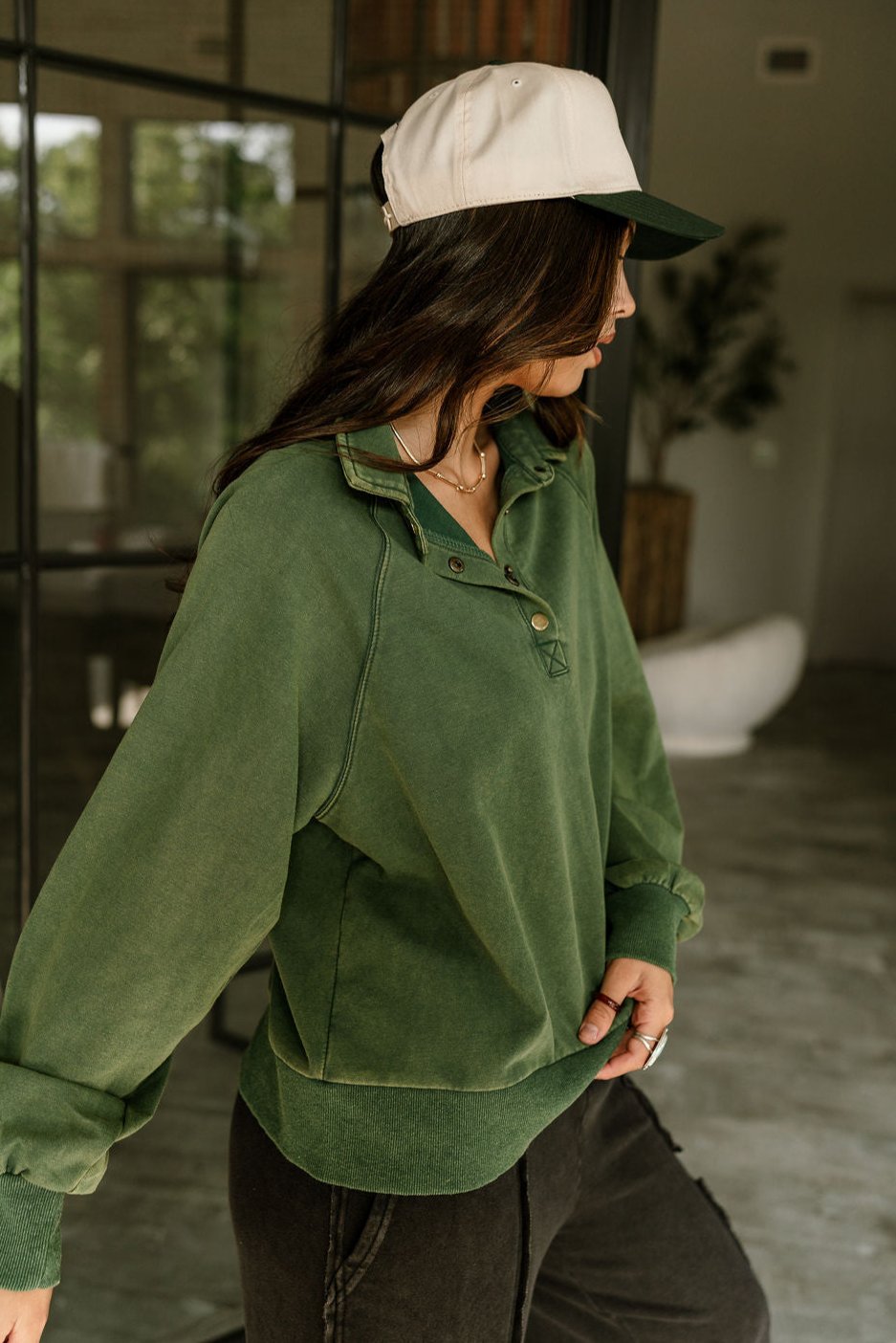 Margot Quarter Button Up Sweatshirt-hunter green-side view