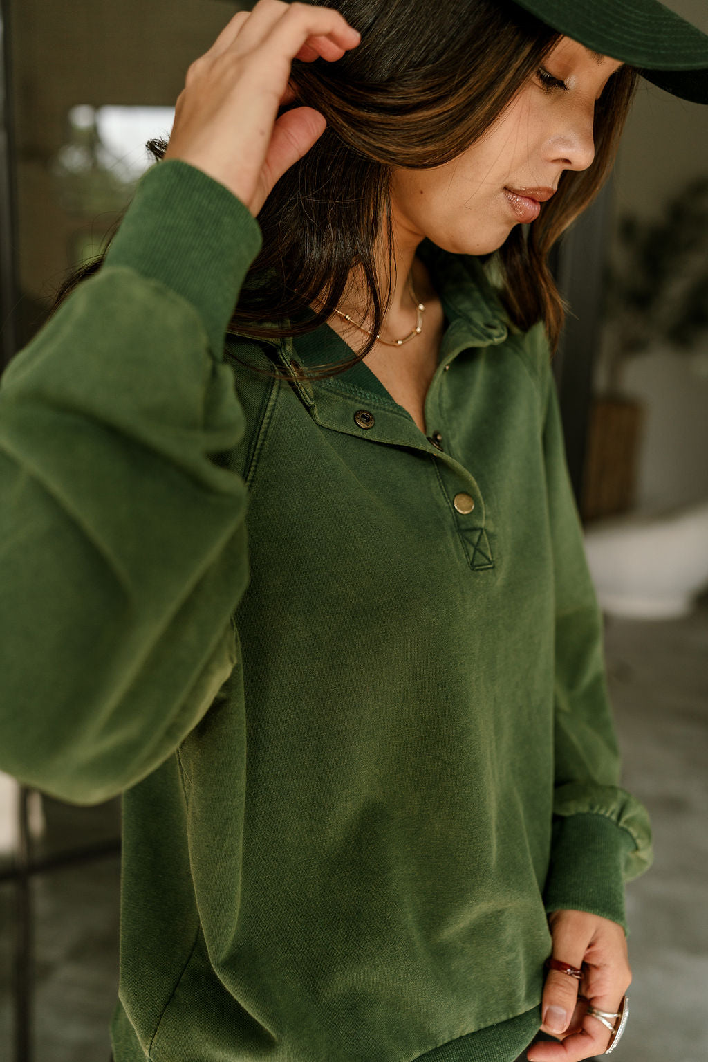 Margot Quarter Button Up Sweatshirt-hunter green-side close up view